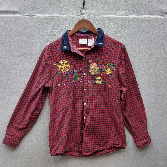 Bobbie Brooks Ladies M Red Plaid Button-Up Shirt W/ Navy Collar & Christmas Embr - Picture 1 of 3
